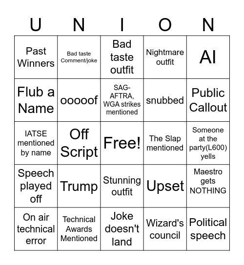 Union Oscar 2024 Bingo Card