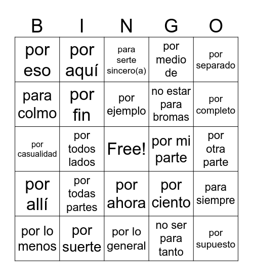 Por o Para Bingo Card