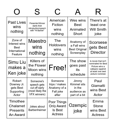 Oscar's 2024 Bingo Card