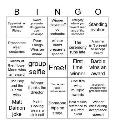 Oscars 2024 Bingo Card