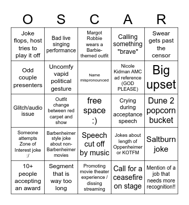 Oscars 2024!!! Bingo Card