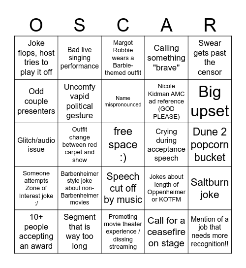Oscars 2024!!! Bingo Card