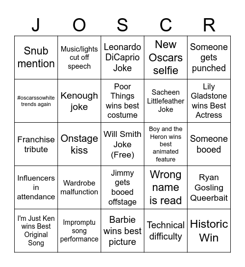 Joscars Bingo Card