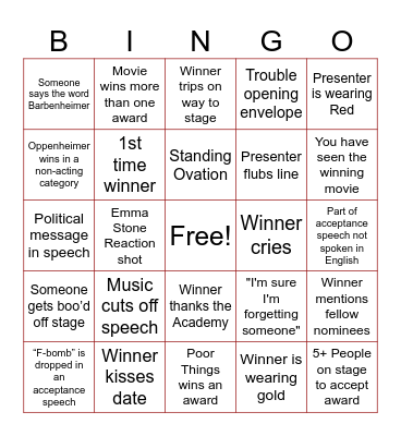 2024 Oscar's Bingo Card