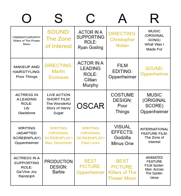 OSCARS  BINGO 2024 Bingo Card