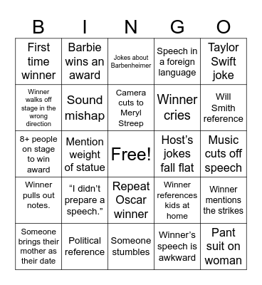2024 Oscars Bingo Card