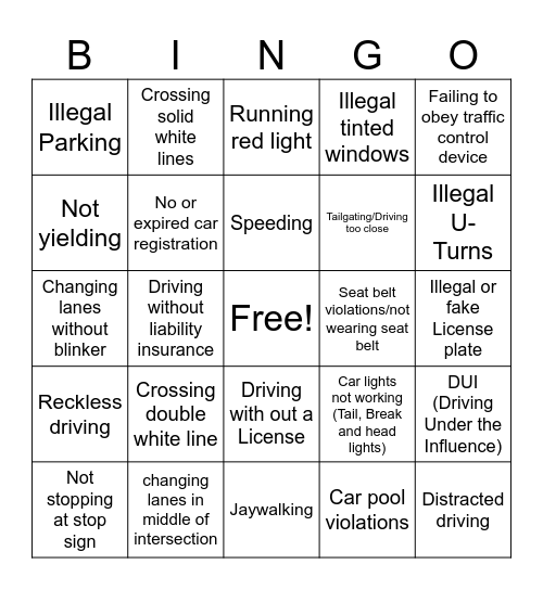 Traffic Infractions and Violations Bingo Card