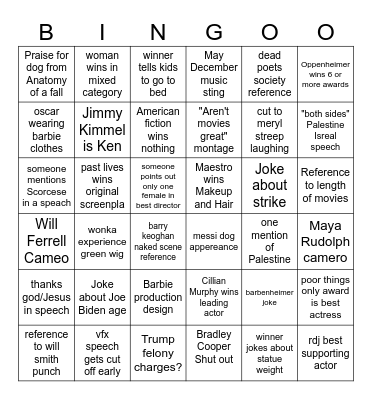 Oscars 2024 Bingo Card