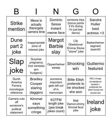 Oscars Bingo 2024 Bingo Card