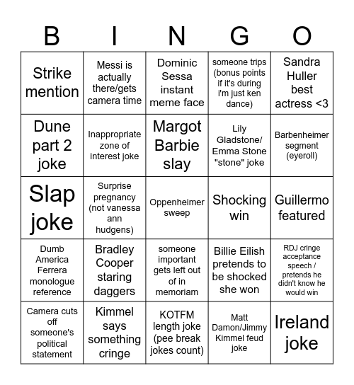 Oscars Bingo 2024 Bingo Card