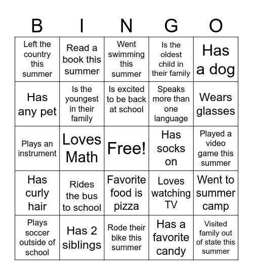 Get to Know Your Class Bingo Card