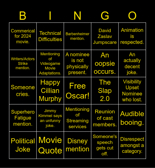 2024 Oscars Bingo Card