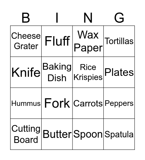 Cooking Bingo Card