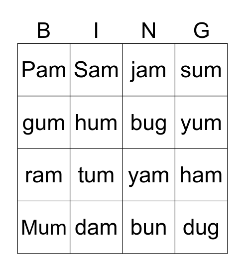 Word Families Bingo Card