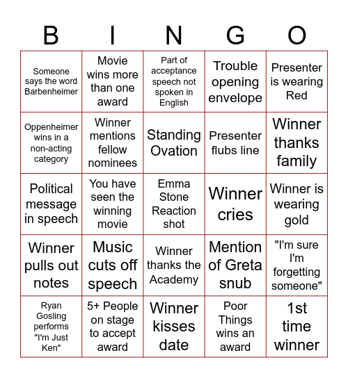 2024 Oscar's Bingo Card