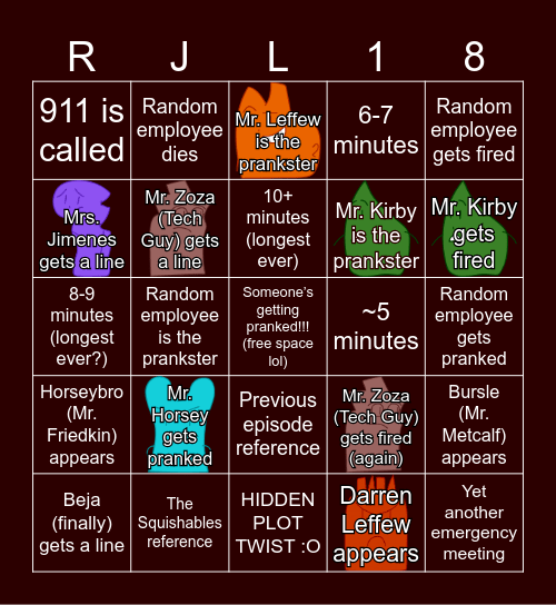 The RJL Show Episode #18 Bingo Card