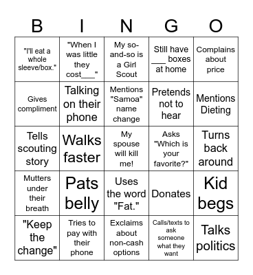 Girl Scout Cookie Booth BINGO Card