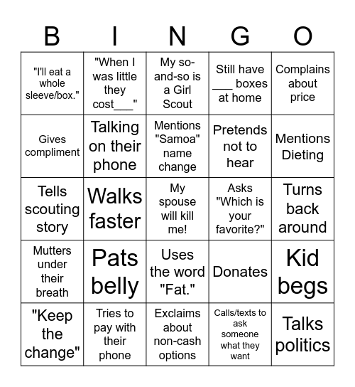 Girl Scout Cookie Booth BINGO Card