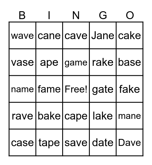 a_e words Bingo Card