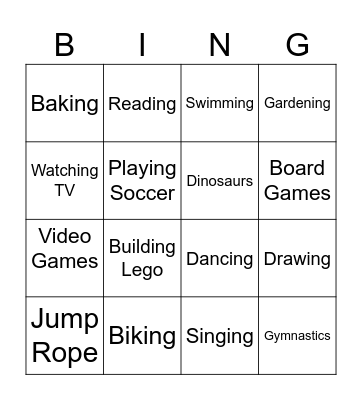 Find someone who likes these hobbies Bingo Card