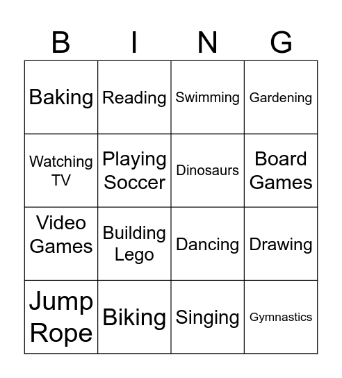 Find someone who likes these hobbies Bingo Card