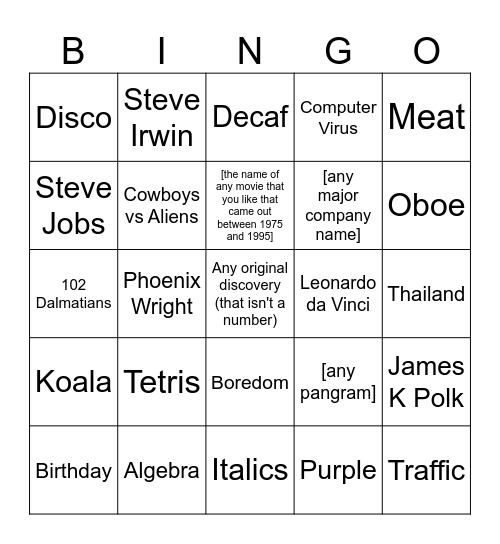 BingoIsYelling Bingo Card