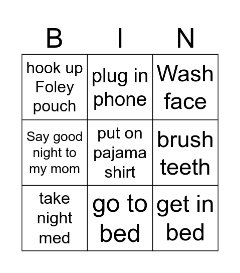 night time Bingo Card