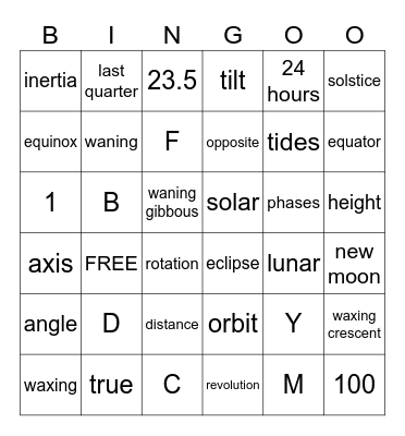 Planets, Moon Phases, Eclipses, and Seasons Bingo Card