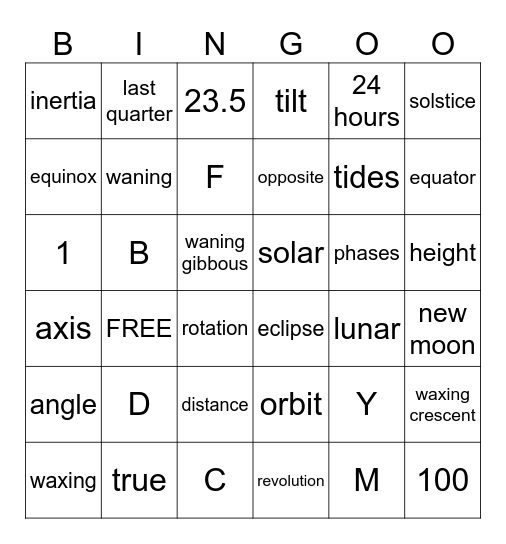 Planets, Moon Phases, Eclipses, and Seasons Bingo Card