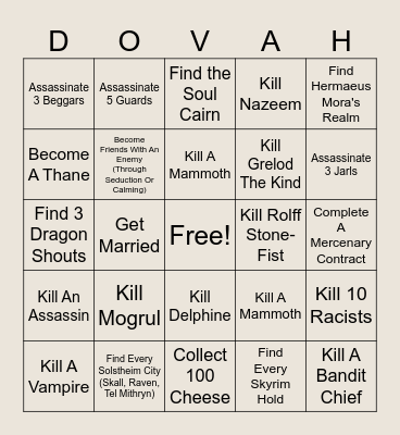 Skyrim Randomizer Bingo Card