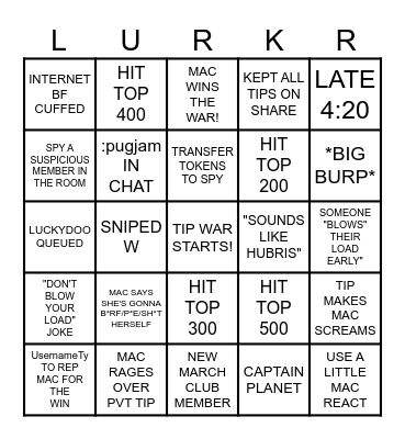 LURKER BINGO Card