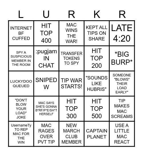 LURKER BINGO Card