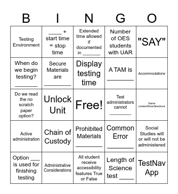 Test Administrator Training Bingo Card