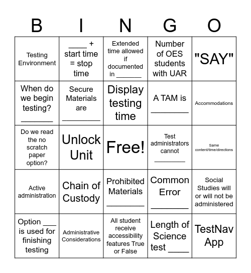 Test Administrator Training Bingo Card