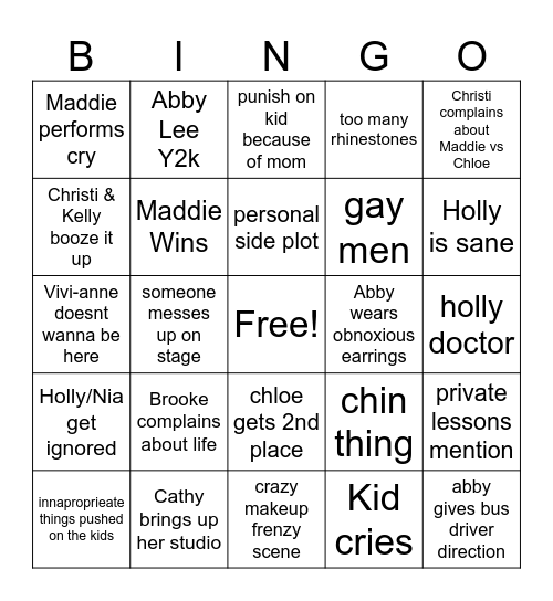 Dance mom bingo Card