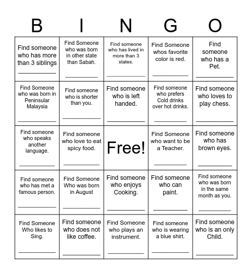 Find Someone Who Bingo Card