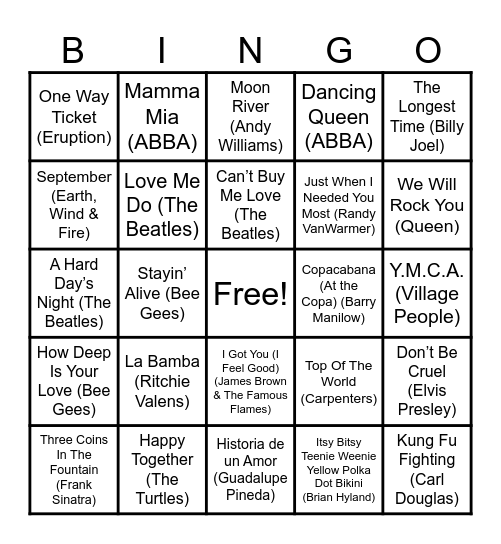 Retro Song Bingo! Bingo Card