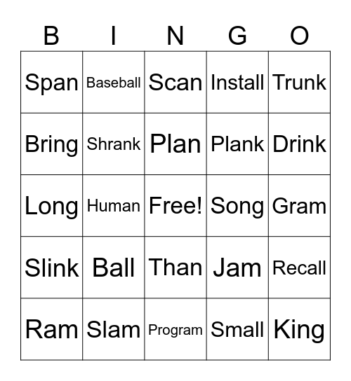 Glued Sounds (all, an, am, ng, nk) Bingo Card