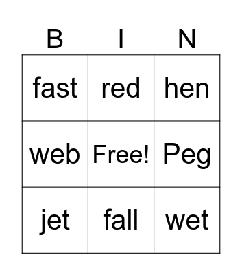 Peg the hen Bingo Card