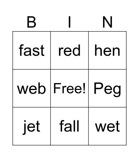 Peg the hen Bingo Card