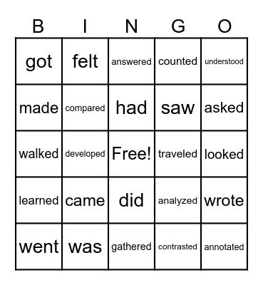 Past Tense Verbs Bingo Card