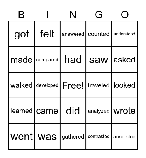 Past Tense Verbs Bingo Card