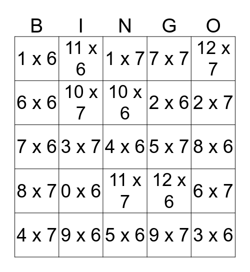 Multiplication 6's and 7's Bingo Card