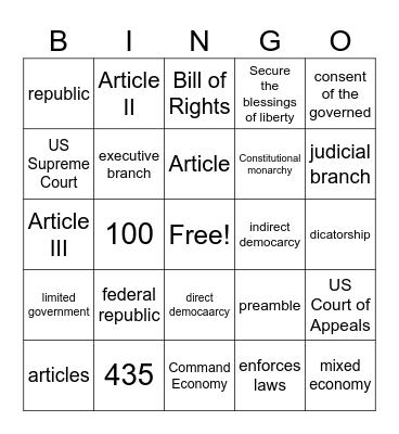 United States Constitution Bingo Card