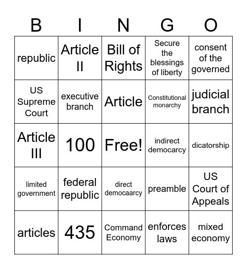 United States Constitution Bingo Card