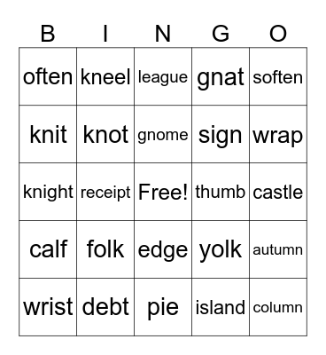 Words with Silent Letters Bingo Card