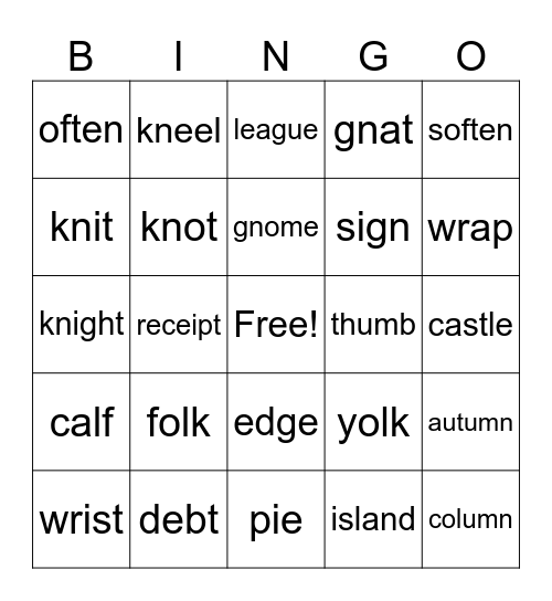 Words with Silent Letters Bingo Card