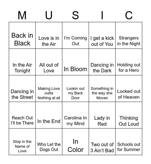 In and Out Bingo Card