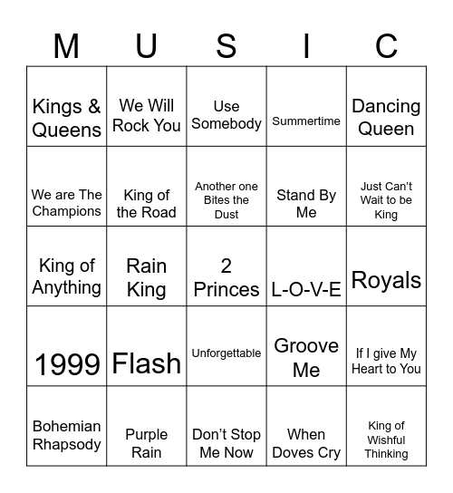 Royalty Bingo Card