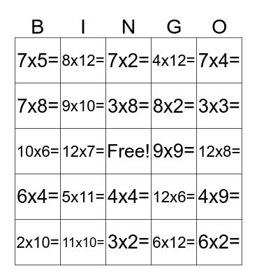 Multiplication BINGO Card